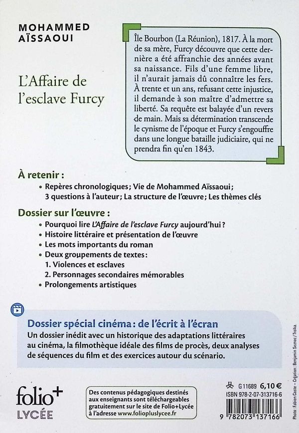 Quatrième de couverture de « L'affaire de l'esclave Furcy »