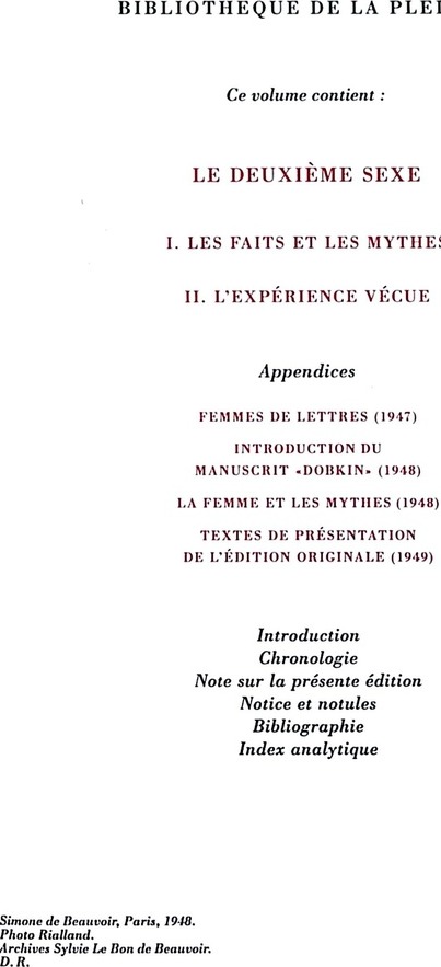 Quatrième de couverture de « Le Deuxième sexe »