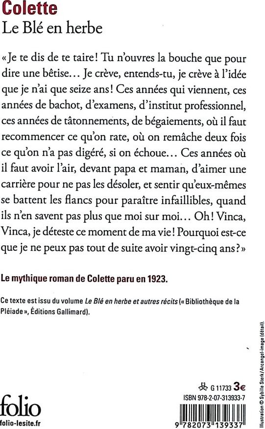 Quatrième de couverture de « LE BLE EN HERBE »