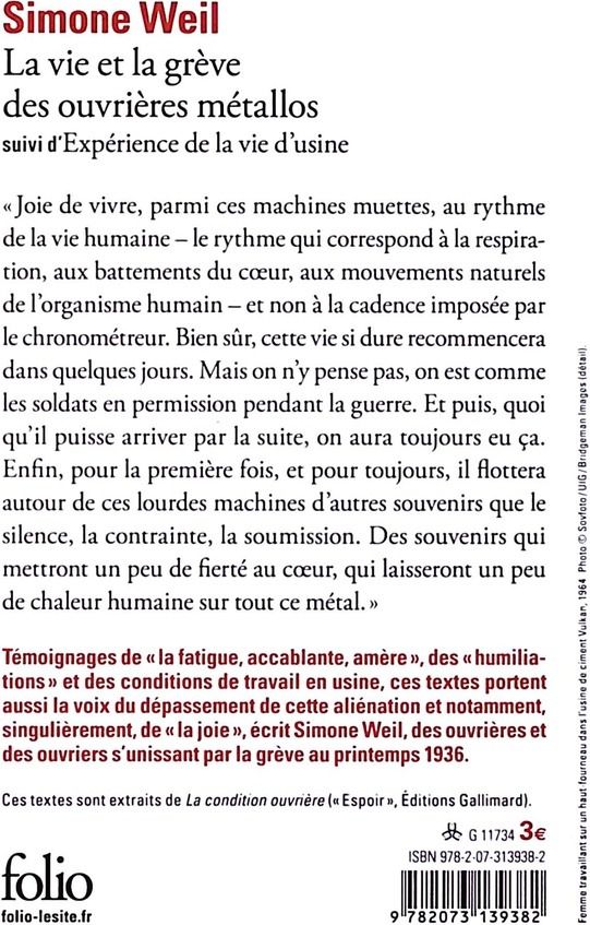 Quatrième de couverture de « LA VIE ET LA GREVE DES OUVRIERES METALLOS/EXPERIENCE DE LA VIE D'USINE »