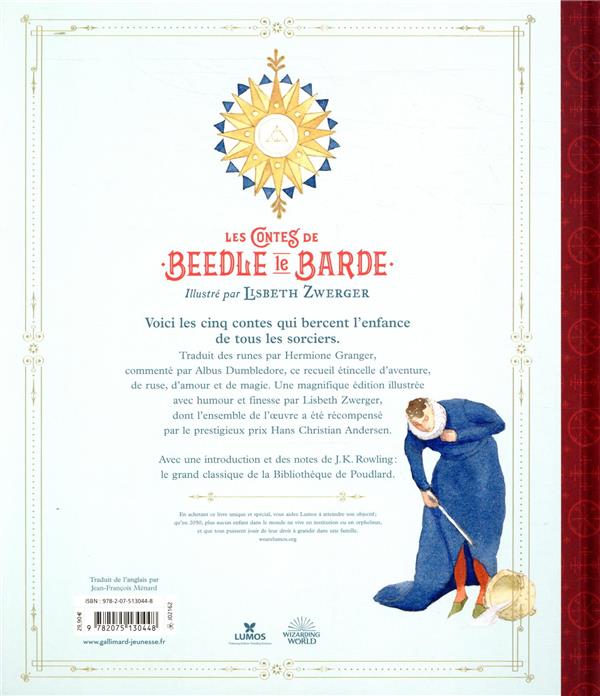 Quatrième de couverture de « Les contes de Beedle le barde : notes du professeur Albus Dumbledore, traduit des runes originales par Hermione Granger »