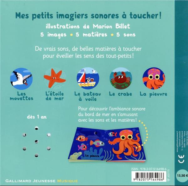 Quatrième de couverture de « Plouf, au bord de la mer : 5 matières à toucher, 5 sons à écouter »