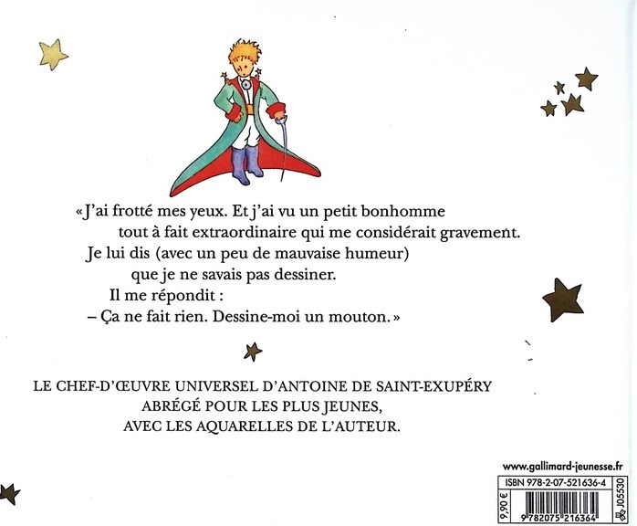 Quatrième de couverture de « Le Petit Prince : texte original abrégé avec les aquarelles de l'auteur »