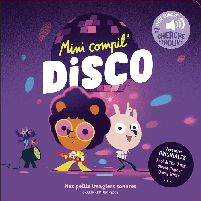 Couverture du livre « Mini compil Disco » de livre sonore avec un cherche & trouve, librairie Les Contes Infusés à Corte