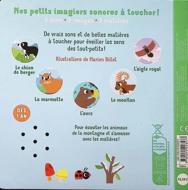 Quatrième de couverture de « LA-HAUT SUR LA MONTAGNE - 5 SONS A ECOUTER, 5 MATIERES A TOUCHER »