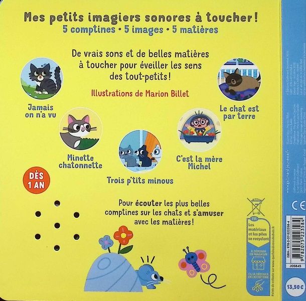 Quatrième de couverture de « LE CHAT EN COMPTINES - 5 SONS A ECOUTER, 5 MATIERES A TOUCHER »