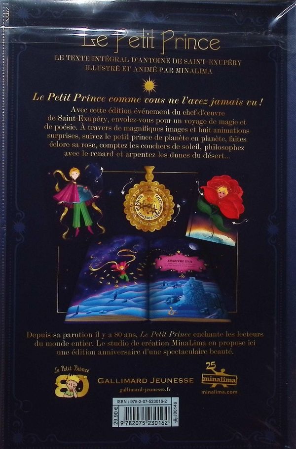 Quatrième de couverture de « LE PETIT PRINCE - EDITION ILLUSTREE INTERACTIVE - GRAPHISME ET ILLUSTRATIONS DE MINALIMA »