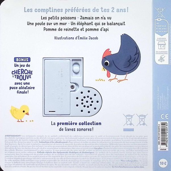 Quatrième de couverture de « MES COMPTINES DES 2 ANS - DES SONS A ECOUTER, DES IMAGES A REGARDER »