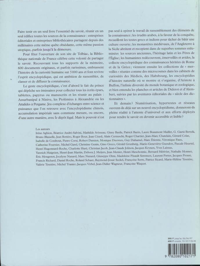 Quatrième de couverture de « TOUS LES SAVOIRS DU MONDE - ENCYCLOPEDIES ET BIBLIOTHEQUES, DE SUMER AU XXIE SIE - - BIBLIOTHEQUE NA »