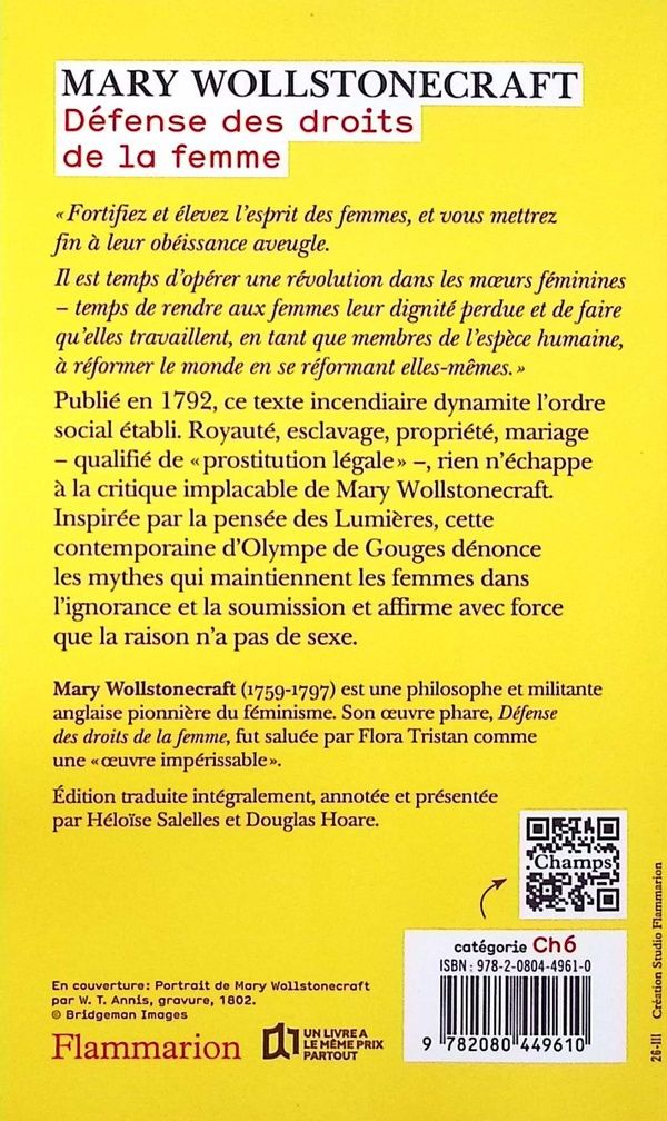 Quatrième de couverture de « Défense des droits de la femme : Accompagné de remarques sur des sujets politiques et moraux »
