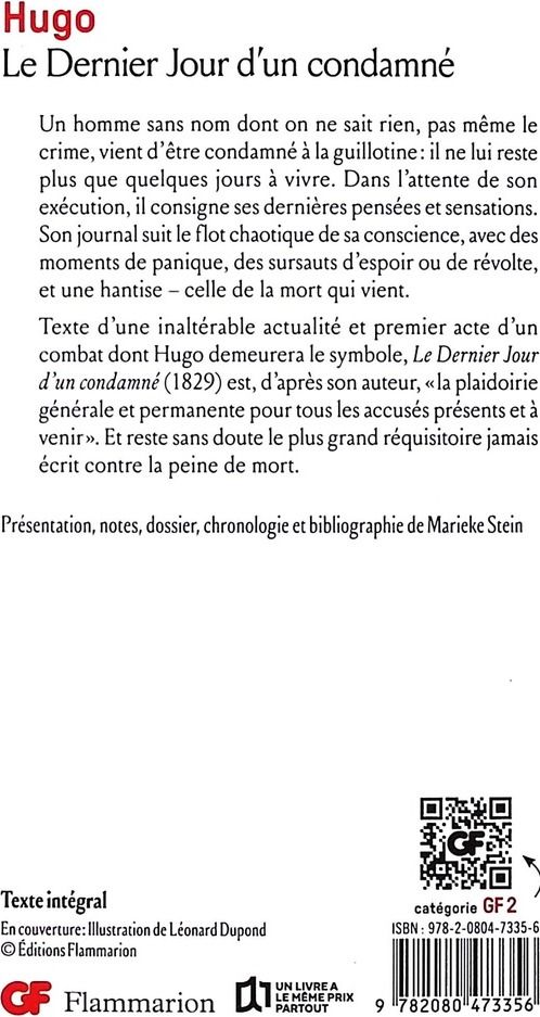 Quatrième de couverture de « LE DERNIER JOUR D'UN CONDAMNE »