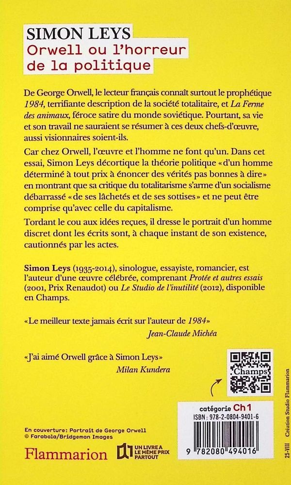 Quatrième de couverture de « Orwell ou L'horreur de la politique »