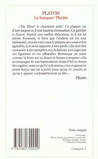 Quatrième de couverture de « LE BANQUET - PHEDRE »