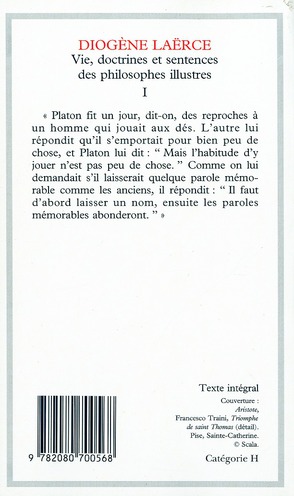 Quatrième de couverture de « VIE, DOCTRINES ET SENTENCES DES PHILOSOPHES ILLUSTRES - VOL01 »