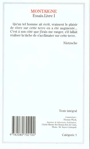 Quatrième de couverture de « ESSAIS - VOL01 - LIVRE 1 »