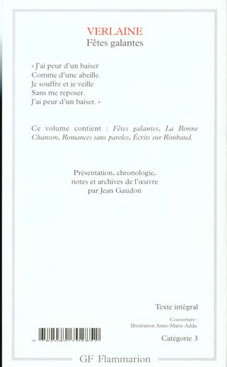 Quatrième de couverture de « FETES GALANTES ET AUTRES POEMES - ECRITS SUR RIMBAUD »