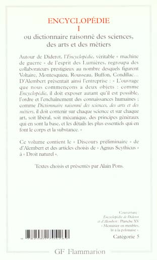 Quatrième de couverture de « ENCYCLOPEDIE - VOL01 - OU DICTIONNAIRE RAISONNE DES SCIENCES, DES ARTS ET DES METIERS »