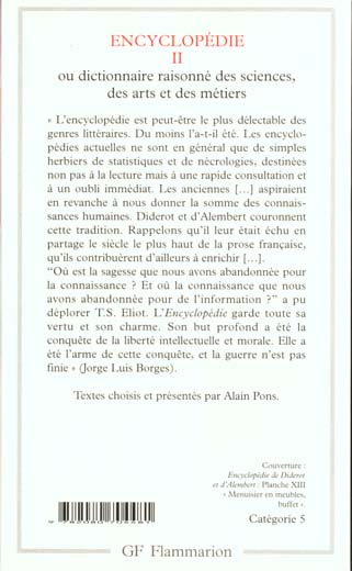 Quatrième de couverture de « ENCYCLOPEDIE - VOL02 - OU DICTIONNAIRE RAISONNE DES SCIENCES, DES ARTS ET DES METIERS »