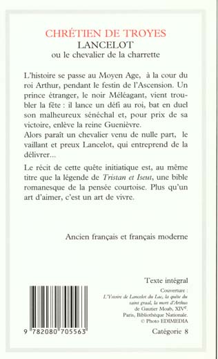 Quatrième de couverture de « Lancelot ou Le chevalier de la charrette »
