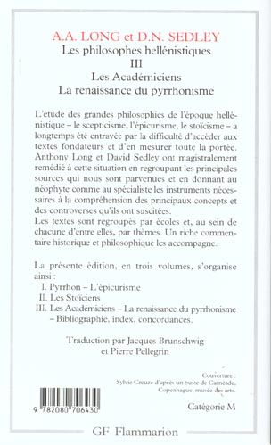 Quatrième de couverture de « LES PHILOSOPHES HELLENISTIQUES - VOL03 - LES ACADEMICIENS - LA RENAISSANCE DU PYRRHONISME »