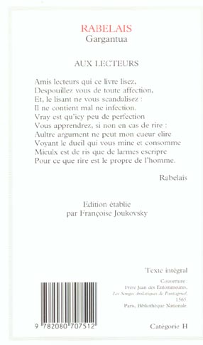 Quatrième de couverture de « GARGANTUA »