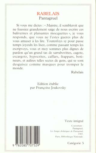 Quatrième de couverture de « PANTAGRUEL »