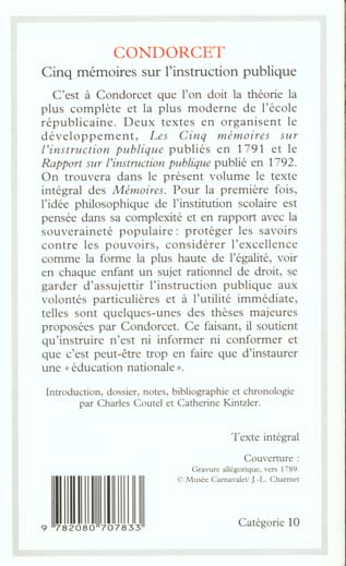Quatrième de couverture de « CINQ MEMOIRES SUR L'INSTRUCTION PUBLIQUE »