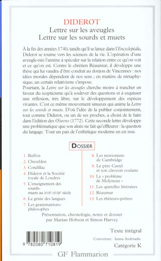 Quatrième de couverture de « LETTRE SUR LES AVEUGLES A L'USAGE DE CEUX QUI VOIENT - LETTRE SUR LES SOURDS ET LES MUETS A L'USAGE »