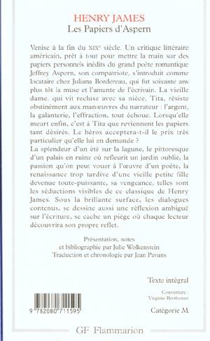 Quatrième de couverture de « LES PAPIERS D'ASPERN »