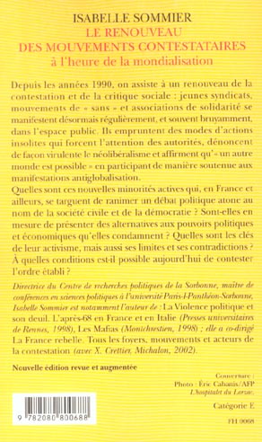 Quatrième de couverture de « LE RENOUVEAU DES MOUVEMENTS CONTESTATAIRES »