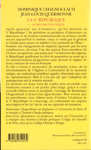 Quatrième de couverture de « LA VE REPUBLIQUE - VOL01 - LE REGIME POLITIQUE »
