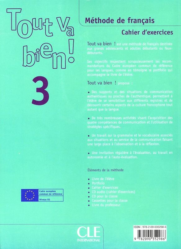 Quatrième de couverture de « TOUT VA BIEN NIV 3 CAHIER D'EXERCICES + CD AUDIO DE FRANCAIS »
