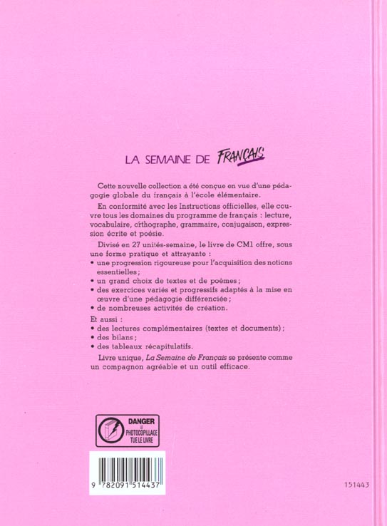 Quatrième de couverture de « SEMAINE DE FRANCAIS CM1 ELEVE »
