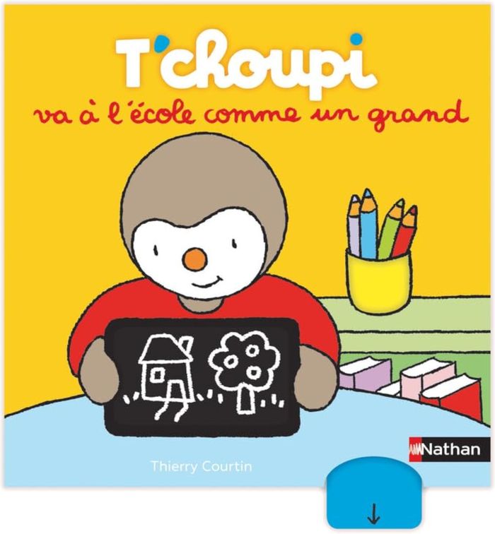 Couverture du livre « T'choupi va à l'école comme un grand » de Thierry Courtin, librairie Les Contes Infusés à Corte