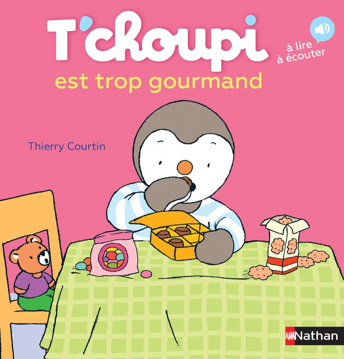 Couverture du livre « T'choupi est trop gourmand » de Thierry Courtin, librairie Les Contes Infusés à Corte