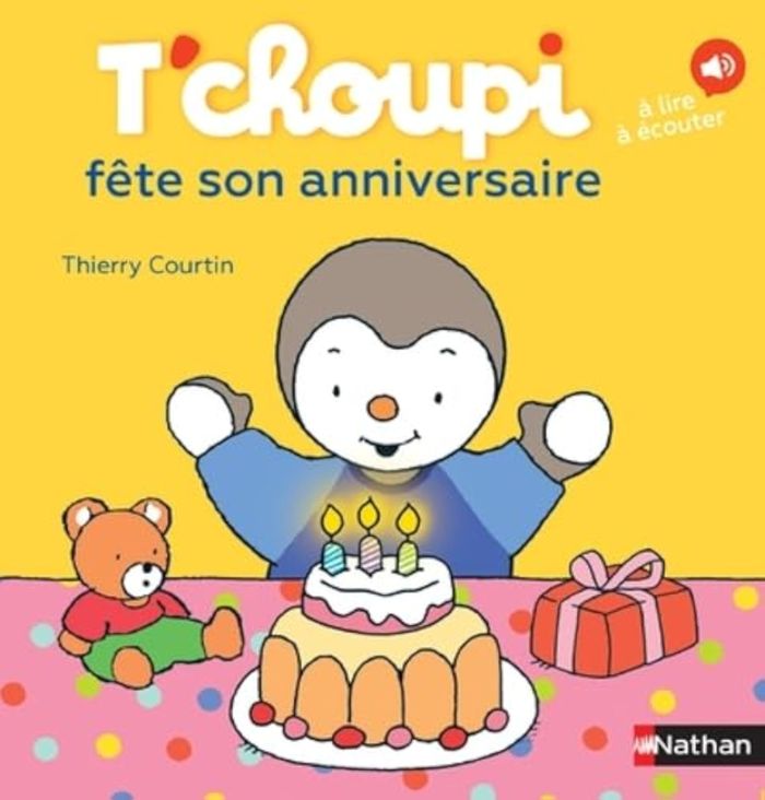 Couverture du livre « T'choupi fête son anniversaire » de Thierry Courtin, librairie Les Contes Infusés à Corte