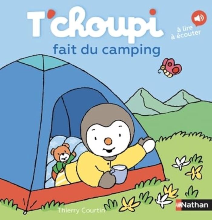 Couverture du livre « T'choupi fait du camping » de Thierry Courtin, librairie Les Contes Infusés à Corte