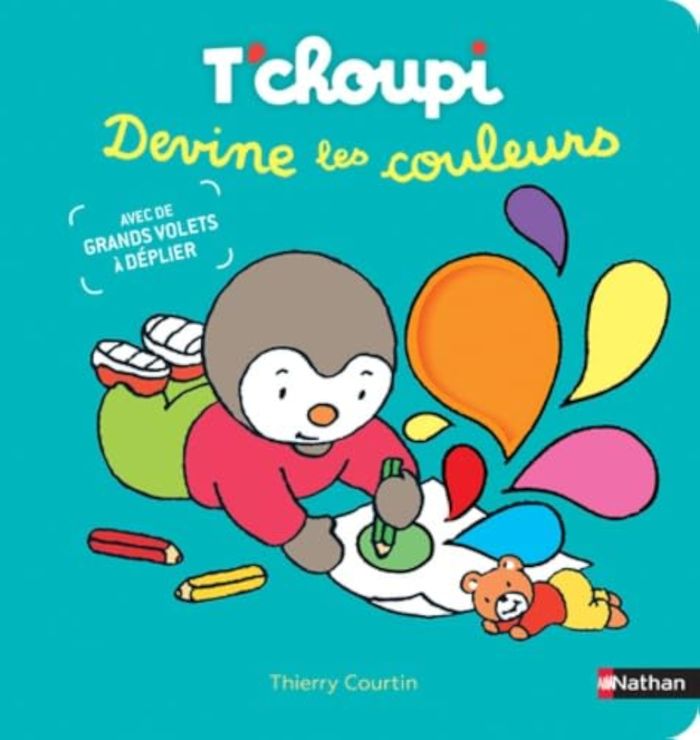 Couverture du livre « T'choupi devine les couleurs : avec des grands volets à déplier » de Thierry Courtin, librairie Les Contes Infusés à Corte