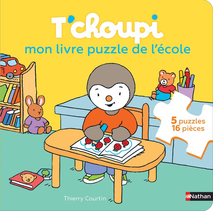 Couverture du livre « T'choupi : mon livre puzzle de l'école » de Thierry Courtin, librairie Les Contes Infusés à Corte