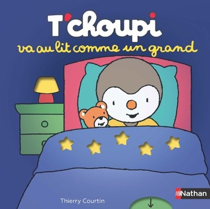 Couverture du livre « T'choupi va au lit comme un grand » de Thierry Courtin, librairie Les Contes Infusés à Corte