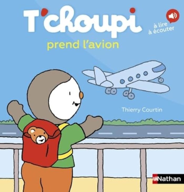 Couverture du livre « T'choupi prend l'avion » de Thierry Courtin, librairie Les Contes Infusés à Corte