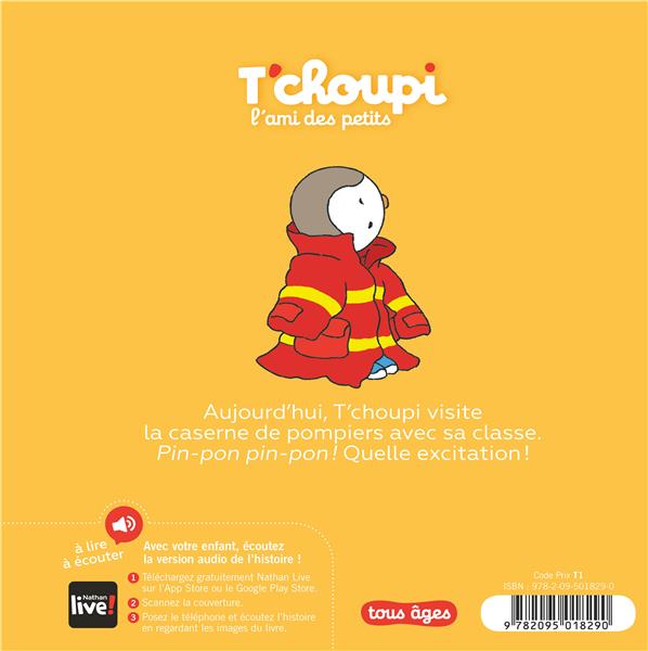 Quatrième de couverture de « T'choupi visite la caserne de pompiers »