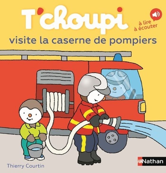 Couverture du livre « T'choupi visite la caserne de pompiers » de Thierry Courtin, librairie Les Contes Infusés à Corte