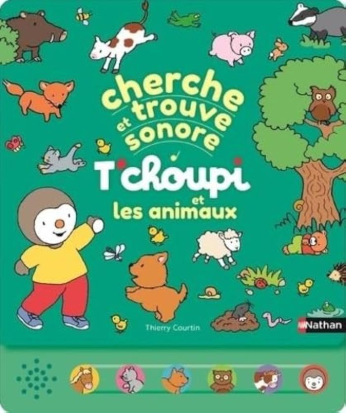 Couverture du livre « T'choupi et les animaux » de Thierry Courtin, librairie Les Contes Infusés à Corte