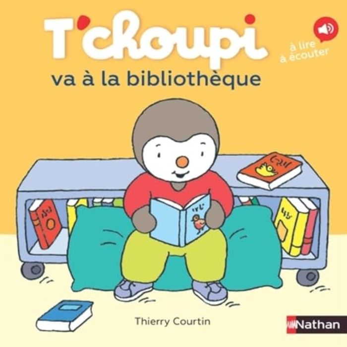 Couverture du livre « T'choupi va à la bibliothèque » de Thierry Courtin, librairie Les Contes Infusés à Corte