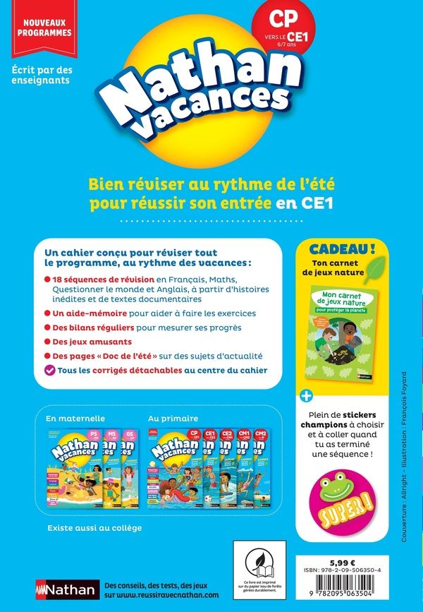 Quatrième de couverture de « NATHAN VACANCES CP VERS LE CE1 6/7 ANS »