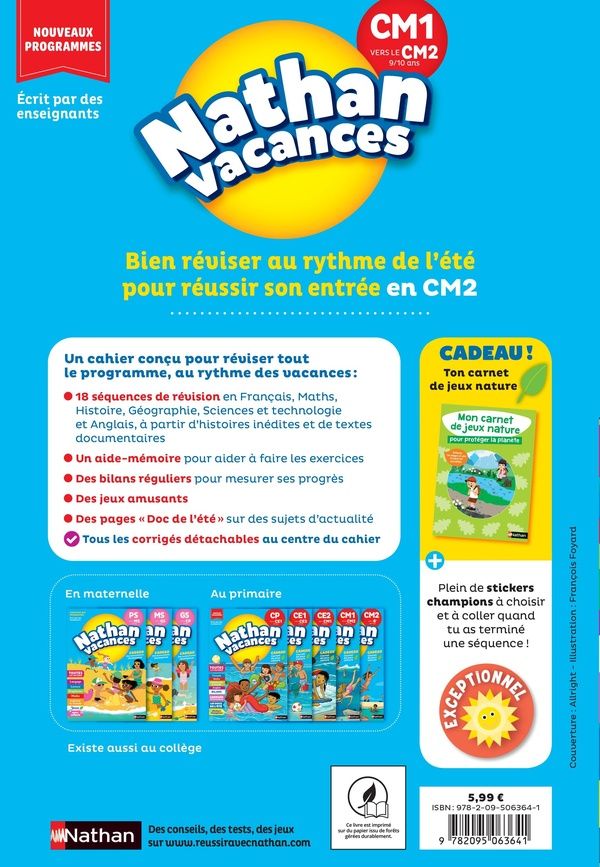 Quatrième de couverture de « NATHAN VACANCES CM1 VERS LE CM2 9/10 ANS »