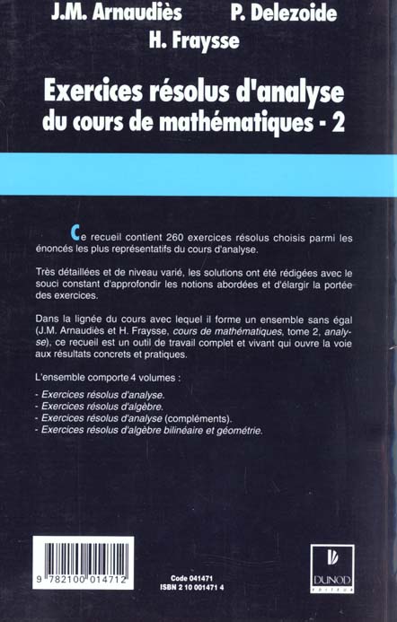Quatrième de couverture de « EXERCICES RESOLUS DU COURS DE MATHEMATIQUES - TOME 2 - ANALYSE »
