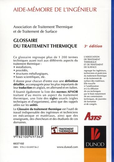 Quatrième de couverture de « GLOSSAIRE DU TRAITEMENT THERMIQUE - 3EME EDITION »