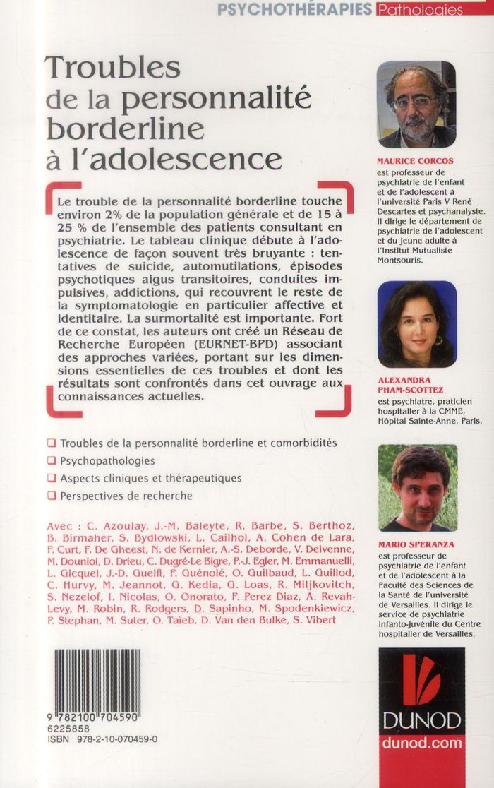 Quatrième de couverture de « TROUBLES DE LA PERSONNALITE BORDERLINE A L'ADOLESCENCE »